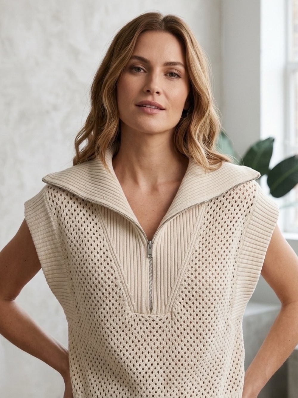 Elan Cream Sleeveless V-Neck Zip Knit Sweater Vest